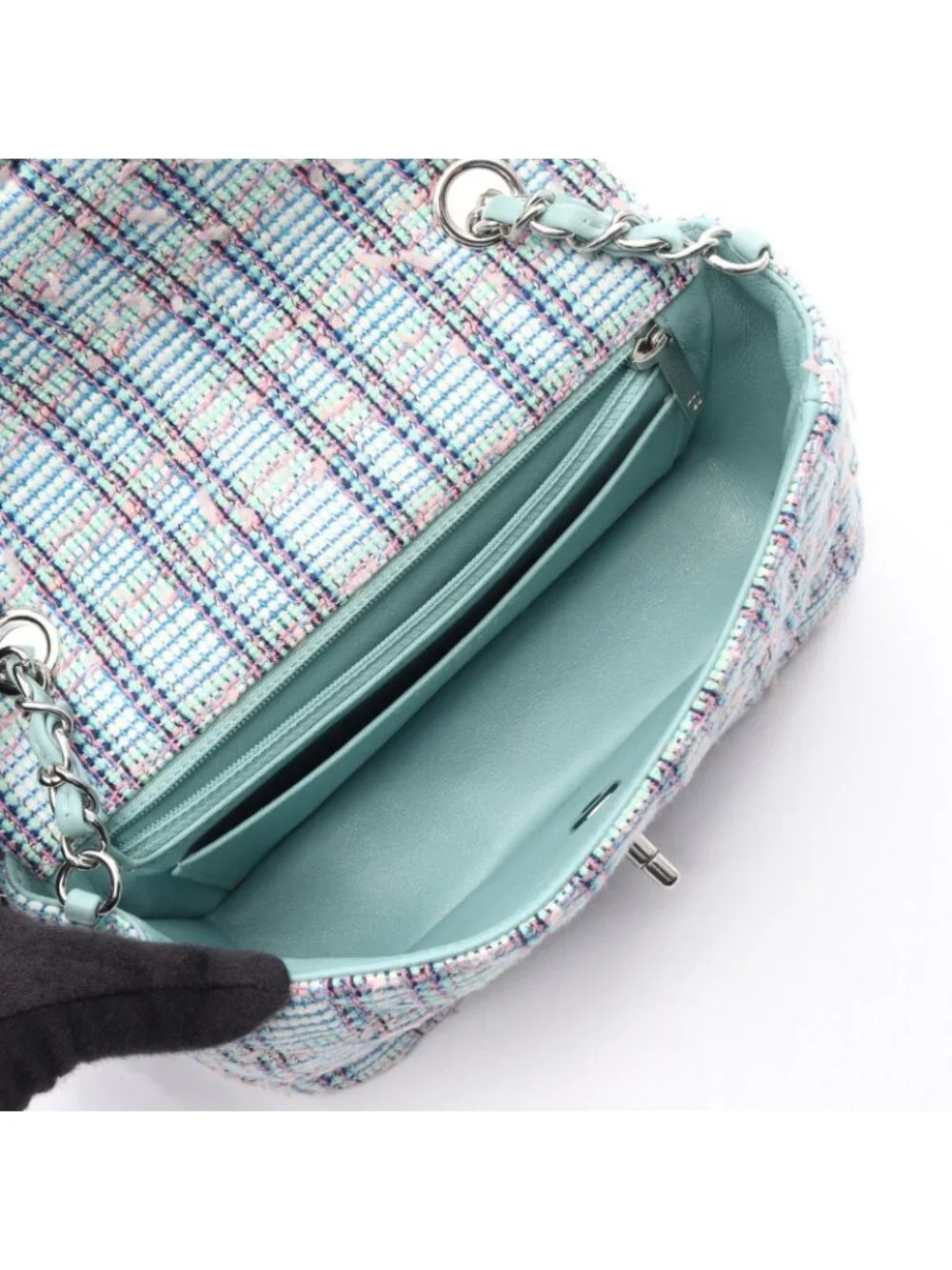 Chanel Shoulder Bag Mini Quilted 20 Mint Green Blue Fabric Chain